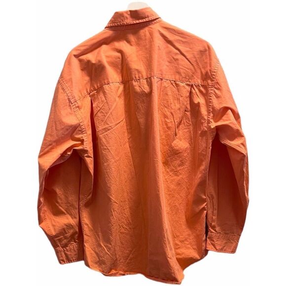 Lands End Mens L Button Down Long Sleeve All Cotton Shirt Orange Double Pocket - Picture 2 of 7